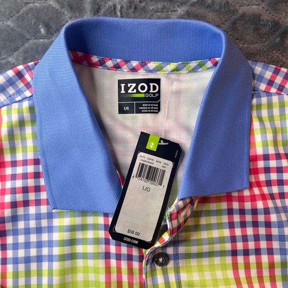 IZOD Golf Mens Large Polo Shirt Multicolor Plaid Gingham Short Sleeve NWT - Picture 2 of 9